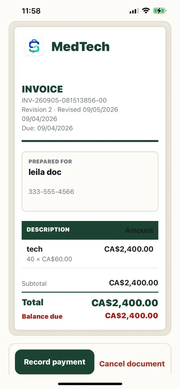 BizSolèy iPhone invoice showing line items, total, balance due, and Record payment action